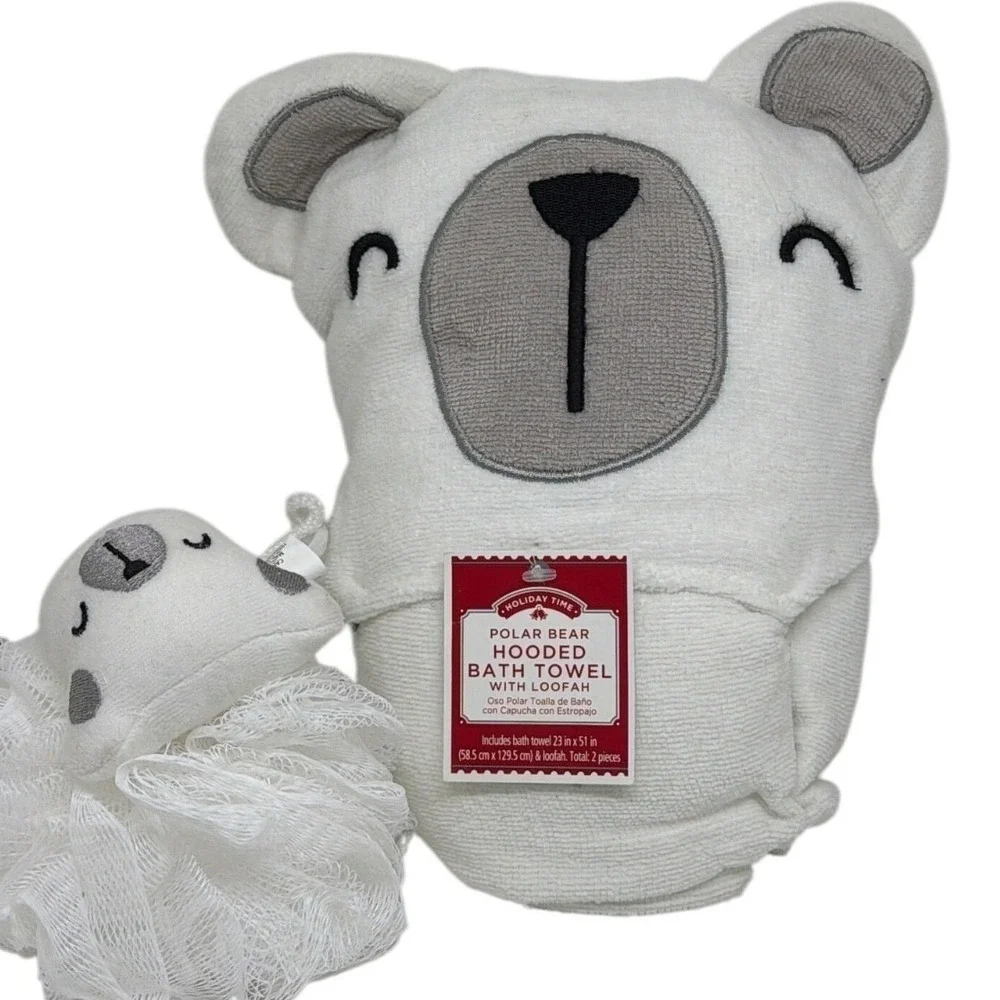 Holiday Time Hooded Bath Towel White Polar Bear Animal Set Loofah 2-Pc 23x51